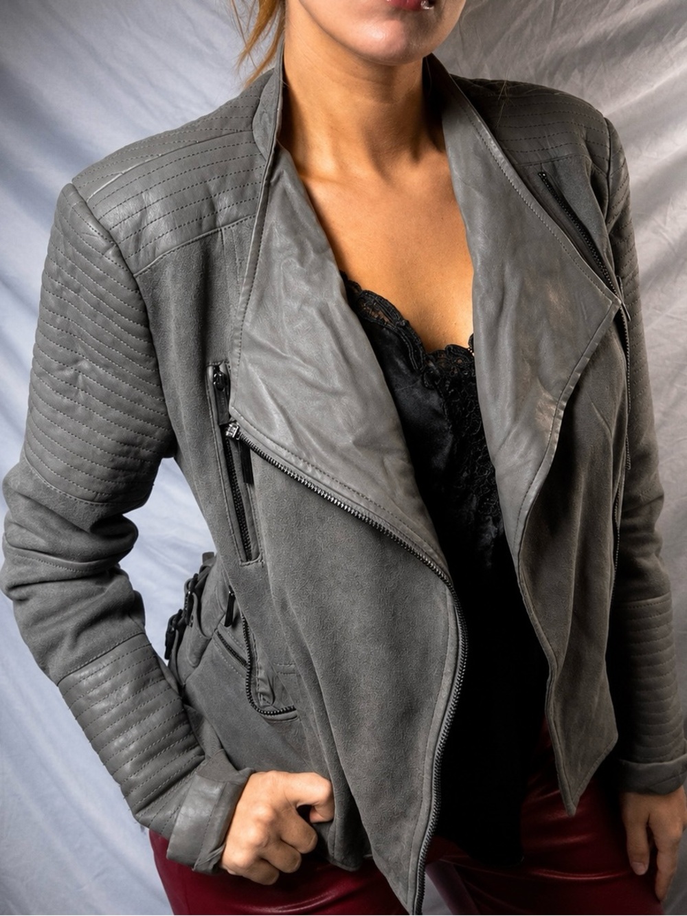 Y2K 2000s BCBGMAXAZRIA gray suede moto jacket